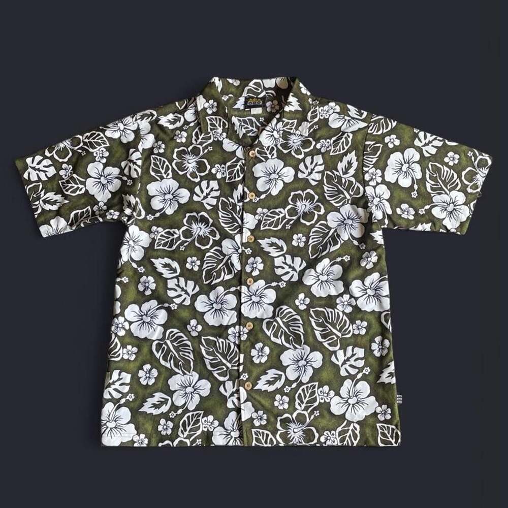 Vintage ODO Hawaiian shirt Mens large floral green white made in USA 90s